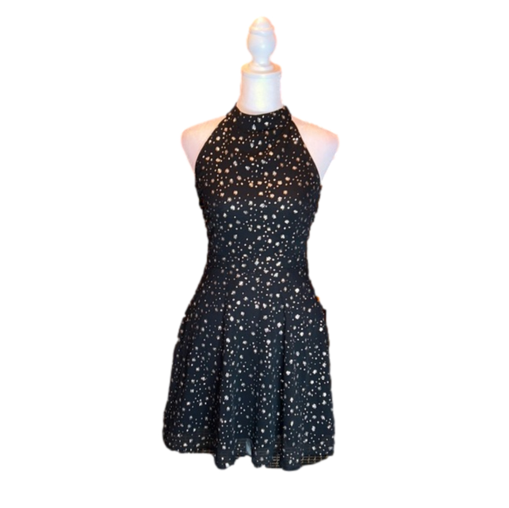 TOPSHOP Sexy Black Party Halter Dress with Sparkling Sequin Snowflakes Size 2